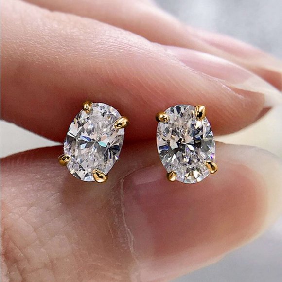 14K Gold Oval 2ct Diamond Stud Womens Earrings Round Studs 14